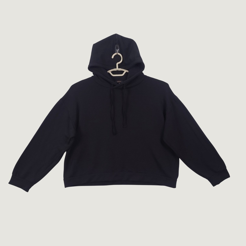 Quince Fleece Cropped Hoodie Sweatshirt XL Black Soft Casual Cozy Boxy